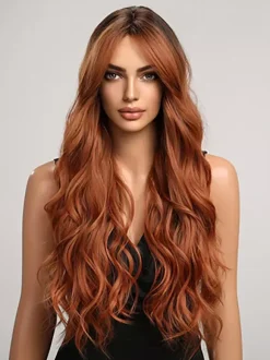 Gradient Long Curly Hair Wig With Curtain Bangs Daily Wig For Women 2026