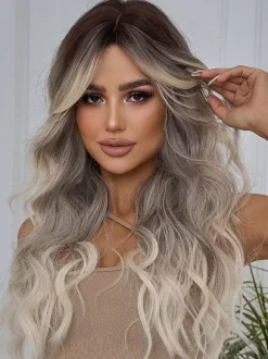 Gradient Long Curly Hair Wig With Curtain Bangs Daily Wig For Women 2026