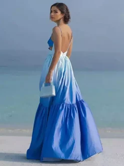 Gradient Maxi Slip Dress for Women - Blue Boho Side Cutout V Neck Tiered A Line Sundress - Summer Beach Vacation 2026