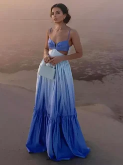 Gradient Maxi Slip Dress for Women - Blue Boho Side Cutout V Neck Tiered A Line Sundress - Summer Beach Vacation 2026