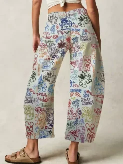 Graffiti Print Barrel Jeans For Women - Boho Horseshoe Cut Wide Leg Denim Trousers - Spring Picnic Outfit 2026