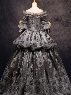 Gray Vintage Costume Rococo Lace Ruffles Off The Shoulder Flowers Beaded Ball Gown Dress
