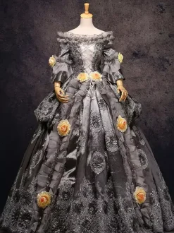 Gray Vintage Costume Rococo Lace Ruffles Off The Shoulder Flowers Beaded Ball Gown Dress
