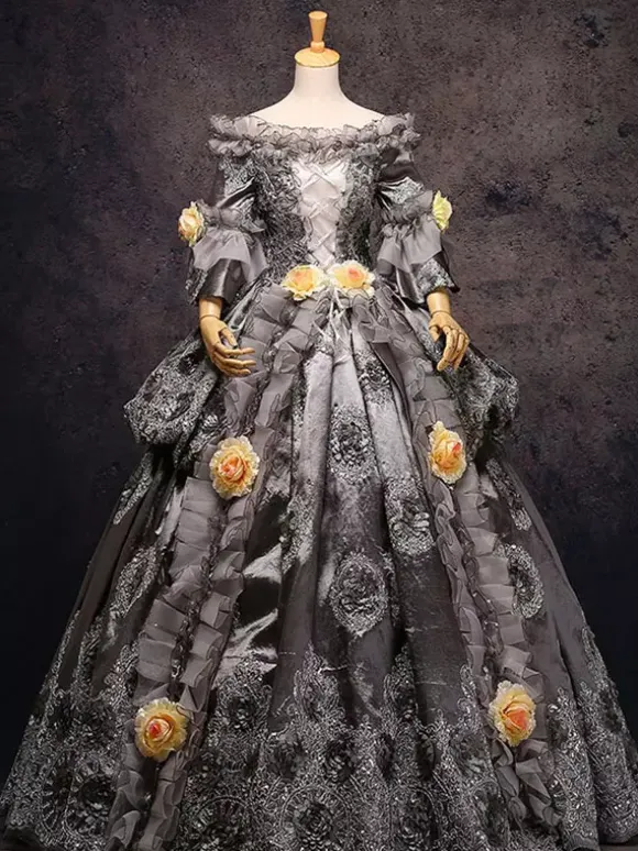 Gray Vintage Costume Rococo Lace Ruffles Off The Shoulder Flowers Beaded Ball Gown Dress