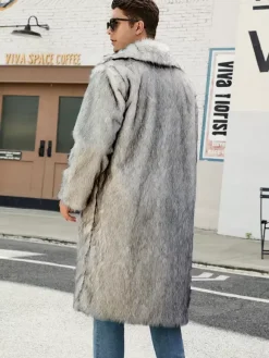 Gray Long Men's Faux Fur Coat Long-Sleeved Jacket with Turn-Down Collar