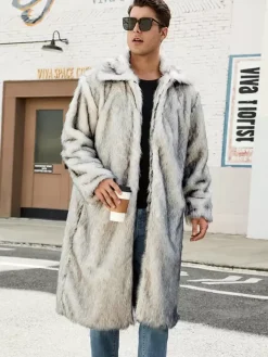 Gray Long Men's Faux Fur Coat Long-Sleeved Jacket with Turn-Down Collar
