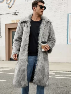 Gray Long Men's Faux Fur Coat Long-Sleeved Jacket with Turn-Down Collar