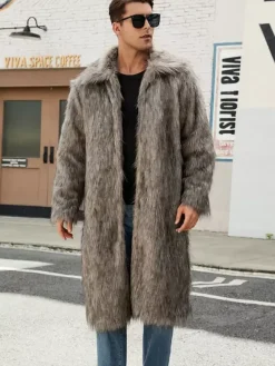 Gray Long Men's Faux Fur Coat Long-Sleeved Jacket with Turn-Down Collar
