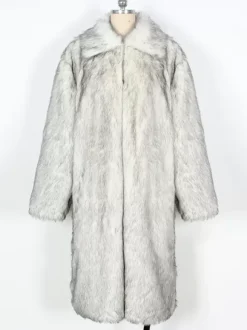 Gray Long Men's Faux Fur Coat Long-Sleeved Jacket with Turn-Down Collar