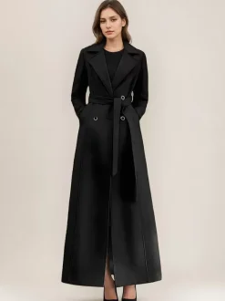 Gray Wool Blend Coat For Woman Lapel Belted Double-breasted Chic Full Length Wrap Outerwear 2026