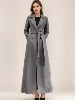 Gray Wool Blend Coat For Woman Lapel Belted Double-breasted Chic Full Length Wrap Outerwear 2026