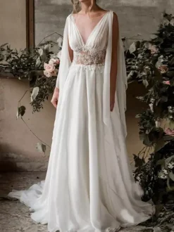 Grecian Ivory Wedding Dress Boho Plus Size Wedding Dresses 2026 Chiffon V-Neck High Waist Roman Drapery Sleeve Bridal Gown Free Customization