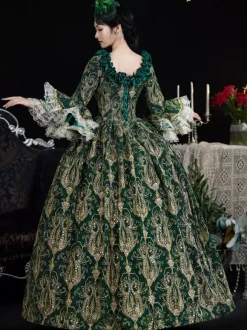 Green Retro Costumes Women's Marie Antoinette Costume Lace Ruffles Polyester Dress Headwear Retro 18th Century Costume