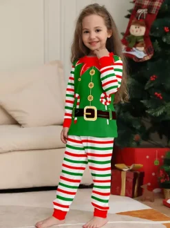 Green And Red Stripe Elf Costume Family Pajamas Holiday Set 2026