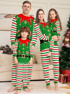 Green And Red Stripe Elf Costume Family Pajamas Holiday Set 2026