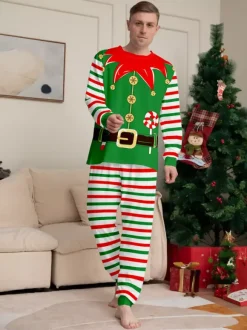 Green And Red Stripe Elf Costume Family Pajamas Holiday Set 2026