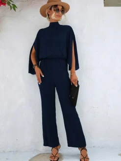 Green High Collar 3/4 Length Sleeves Pleated Straight Summer One Piece Outfit
