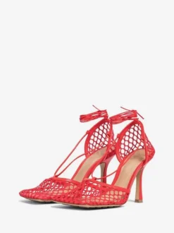 Green Mesh Heels Lace Up Stiletto Heel Sandals Square Toe
