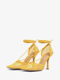 Green Mesh Heels Lace Up Stiletto Heel Sandals Square Toe