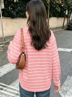 Green Pink Horizontal Striped Button Down Shirt Collar Pocket Long Sleeve Oversized Casual Blouse