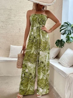Green Printed Strapless Sleeveless Lace Up Strapless Wide Summer Jumpsuit