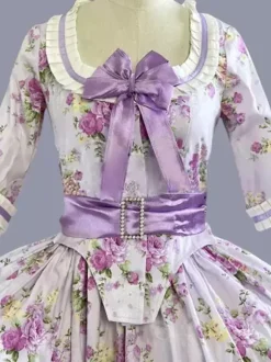 Green Retro Tudor Dress Costumes Women's Floral Print Ruffles Bows Polyester Tunic Dress Marie Antoinette Costume Retro Party Prom Dress