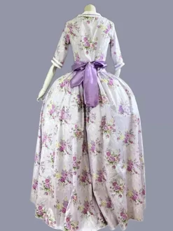 Green Retro Tudor Dress Costumes Women's Floral Print Ruffles Bows Polyester Tunic Dress Marie Antoinette Costume Retro Party Prom Dress