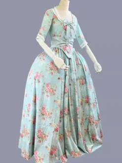 Green Retro Tudor Dress Costumes Women's Floral Print Ruffles Bows Polyester Tunic Dress Marie Antoinette Costume Retro Party Prom Dress