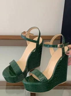 Green Wedge Sandals Women's Open Toe Stone Pattern Sandal Shoes