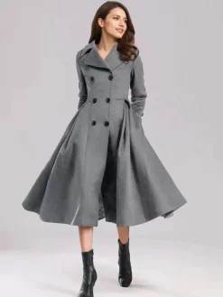 Green Woolen Flared Coat Double-breasted Wide Lapel Winter A-line Midi Outerwear 2026