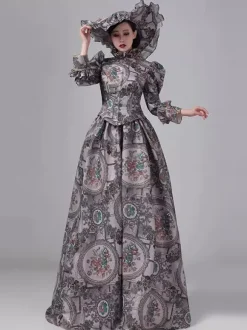 Grey Bustle Victorian Dress Long Sleeves Floral Ball Maxi Retro Dress With Hat