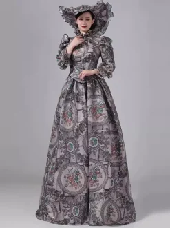 Grey Bustle Victorian Dress Long Sleeves Floral Ball Maxi Retro Dress With Hat