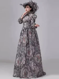 Grey Bustle Victorian Dress Long Sleeves Floral Ball Maxi Retro Dress With Hat