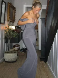 Grey Cowl Neck Women Maxi Dress - Elegant Backless Slim Bodycon - Minimalist Evening Gala 2026
