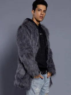 Grey Fuzzy Coat Faux Fur Men Winter Overcoat