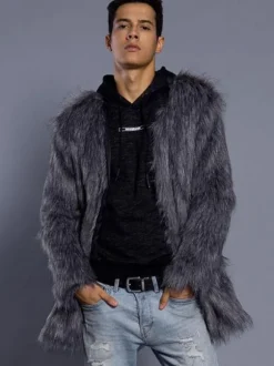 Grey Fuzzy Coat Faux Fur Men Winter Overcoat