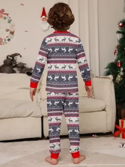 Grey Reindeer Fair Isle Print Family Christmas Pajamas With Red Trim 2026