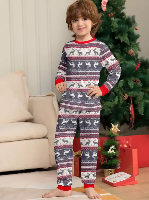 Grey Reindeer Fair Isle Print Family Christmas Pajamas With Red Trim 2026