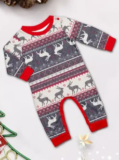 Grey Reindeer Fair Isle Print Family Christmas Pajamas With Red Trim 2026