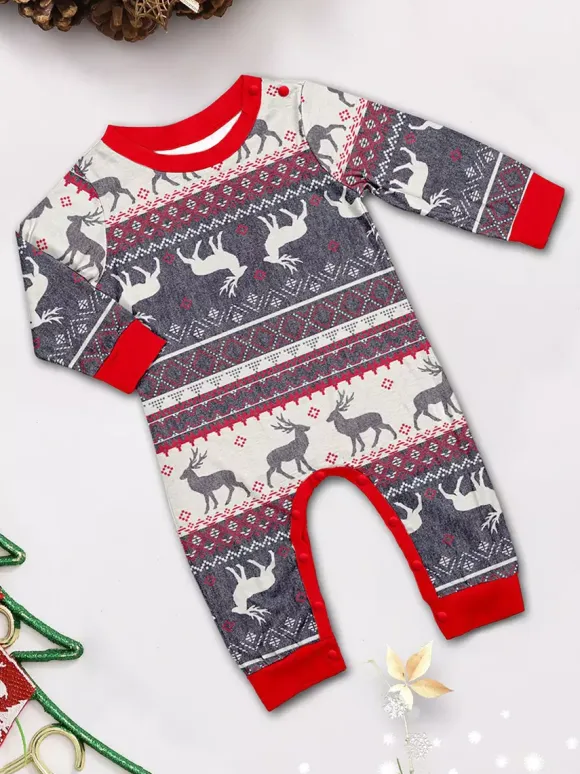 Grey Reindeer Fair Isle Print Family Christmas Pajamas With Red Trim 2026