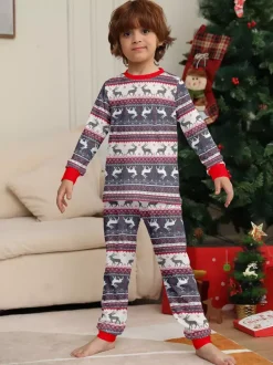 Grey Reindeer Fair Isle Print Family Christmas Pajamas With Red Trim 2026