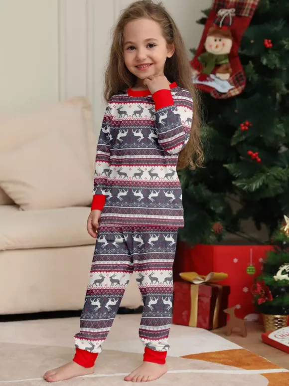 Grey Reindeer Fair Isle Print Family Christmas Pajamas With Red Trim 2026