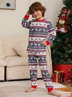 Grey Reindeer Fair Isle Print Family Christmas Pajamas With Red Trim 2026
