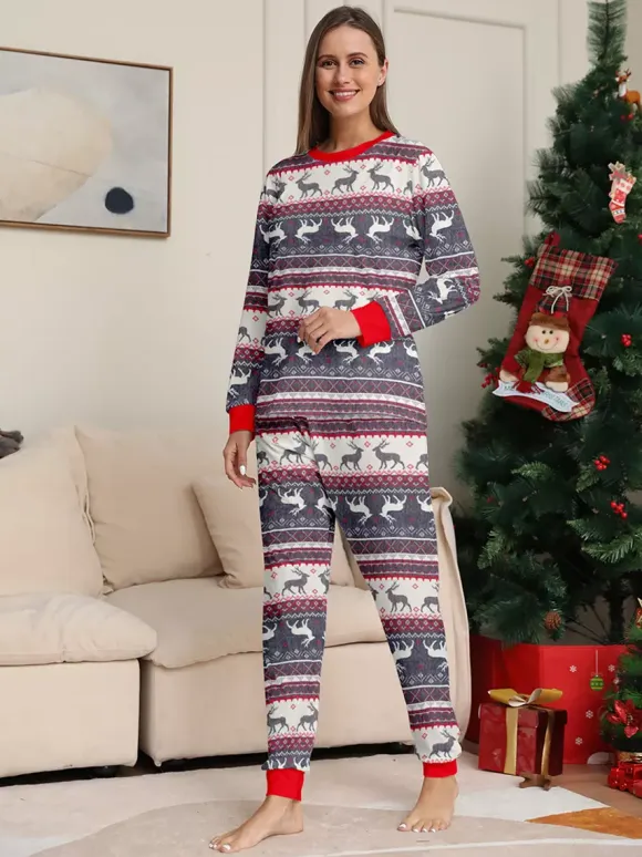Grey Reindeer Fair Isle Print Family Christmas Pajamas With Red Trim 2026