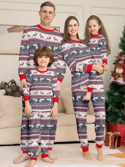 Grey Reindeer Fair Isle Print Family Christmas Pajamas With Red Trim 2026
