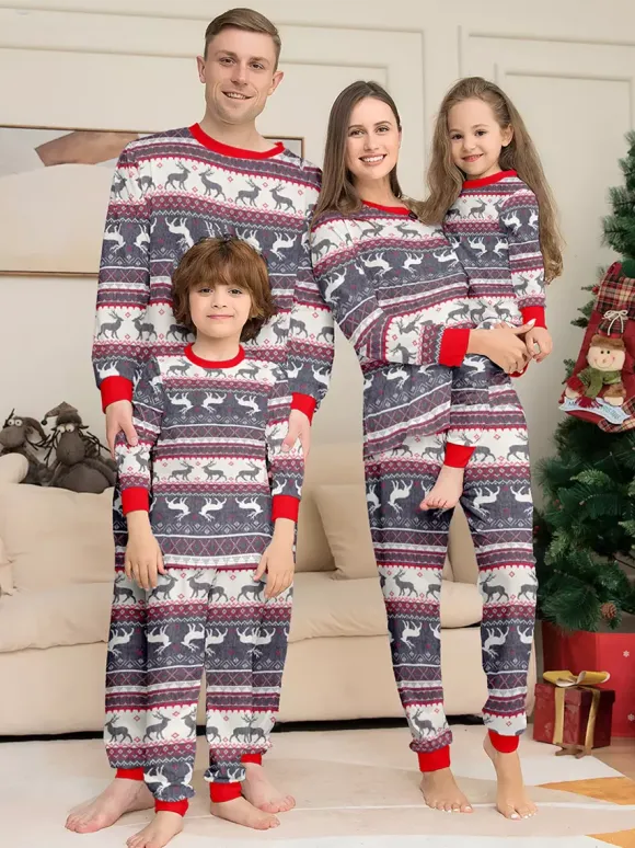 Grey Reindeer Fair Isle Print Family Christmas Pajamas With Red Trim 2026