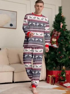 Grey Reindeer Fair Isle Print Family Christmas Pajamas With Red Trim 2026