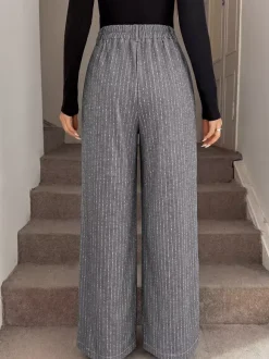 Grey Vertical Striped Wide Leg Trousers High Waist Elastic Back Loose Casual Palazzo Pants