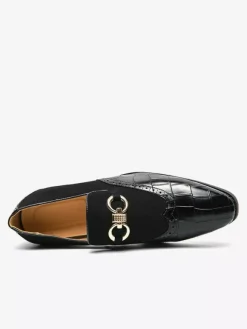 Groom Loafers Mens Horsebit Loafers Stone Pattern Splice Suede Leather Slip-on Pointed Toe Shoes