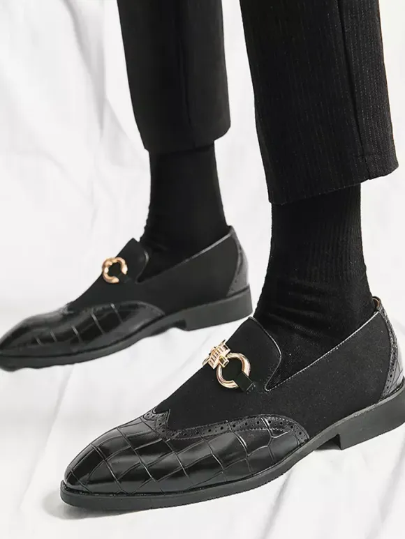 Groom Loafers Mens Horsebit Loafers Stone Pattern Splice Suede Leather Slip-on Pointed Toe Shoes